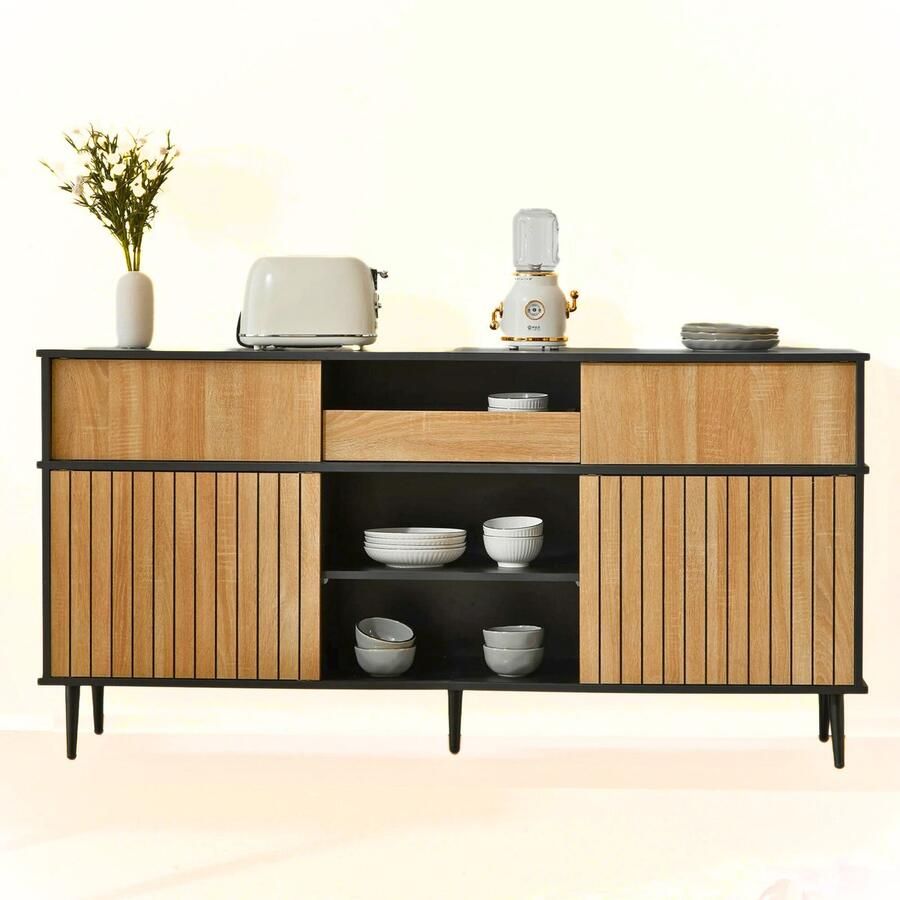 Merkloos Koopiez Dressoir Modern Praktische Opslag Stijlvol Schuifdeuren Eiken Gecombineerd Met Zwart Woonkamer