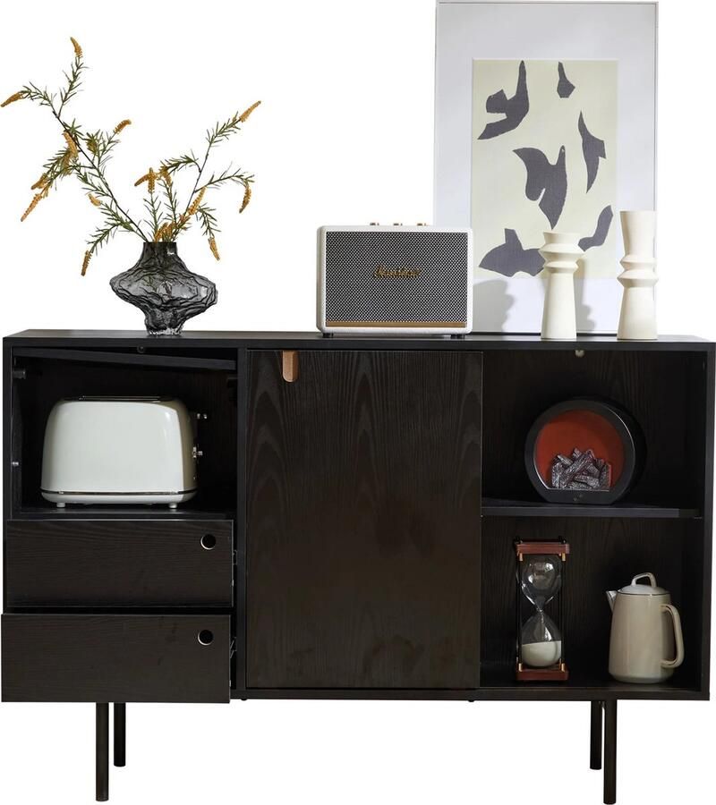 `merkloos` Koopiez Dressoir Zwart Modern Dressoir Ladekast 2 Lades 2 Schuifdeuren Zonder Handgrepen