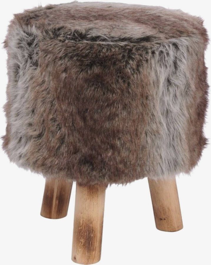 Merkloos kruk bontlook bruin hocker poef hout vacht