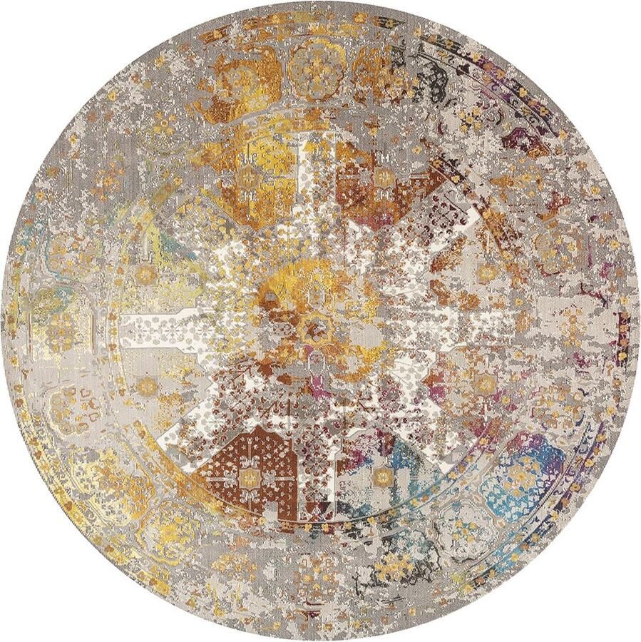 'merkloos'' Lalee Picasso Feraghan oosters vloerkleed vintage industrieel laagpolig trendy multi beige 133x133 CM ROND