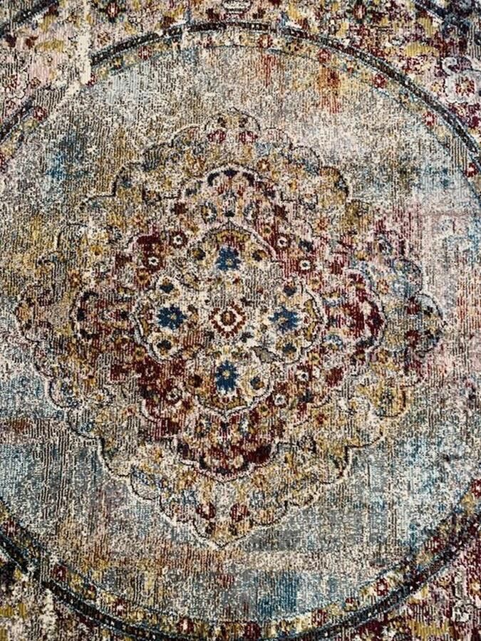 'merkloos'' Lalee Picasso Keshan vloerkleed industrieel vintage laagpolig trendy multi beige kleuren 133x133 CM ROND