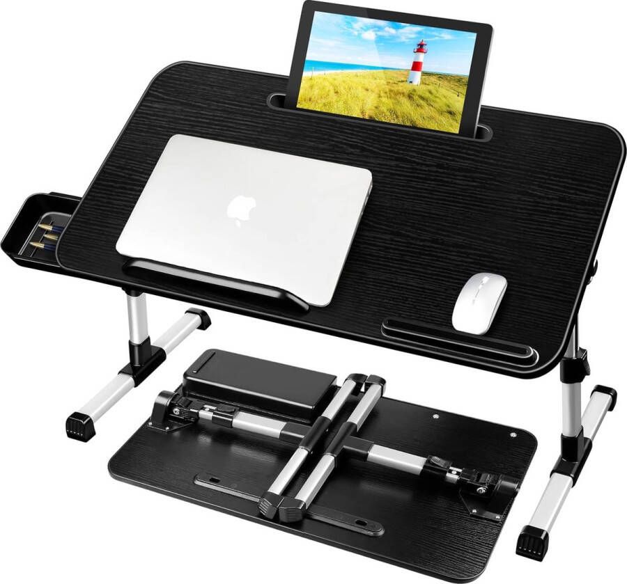 Merkloos Laptoptafel voor Bed Verstelbare Hoogte en Hoek Inklapbaar Bedtafel met Lade Tablet Standaard Schoottafels voor Bed Bank Vloer (60 x 34 cm Zwart)