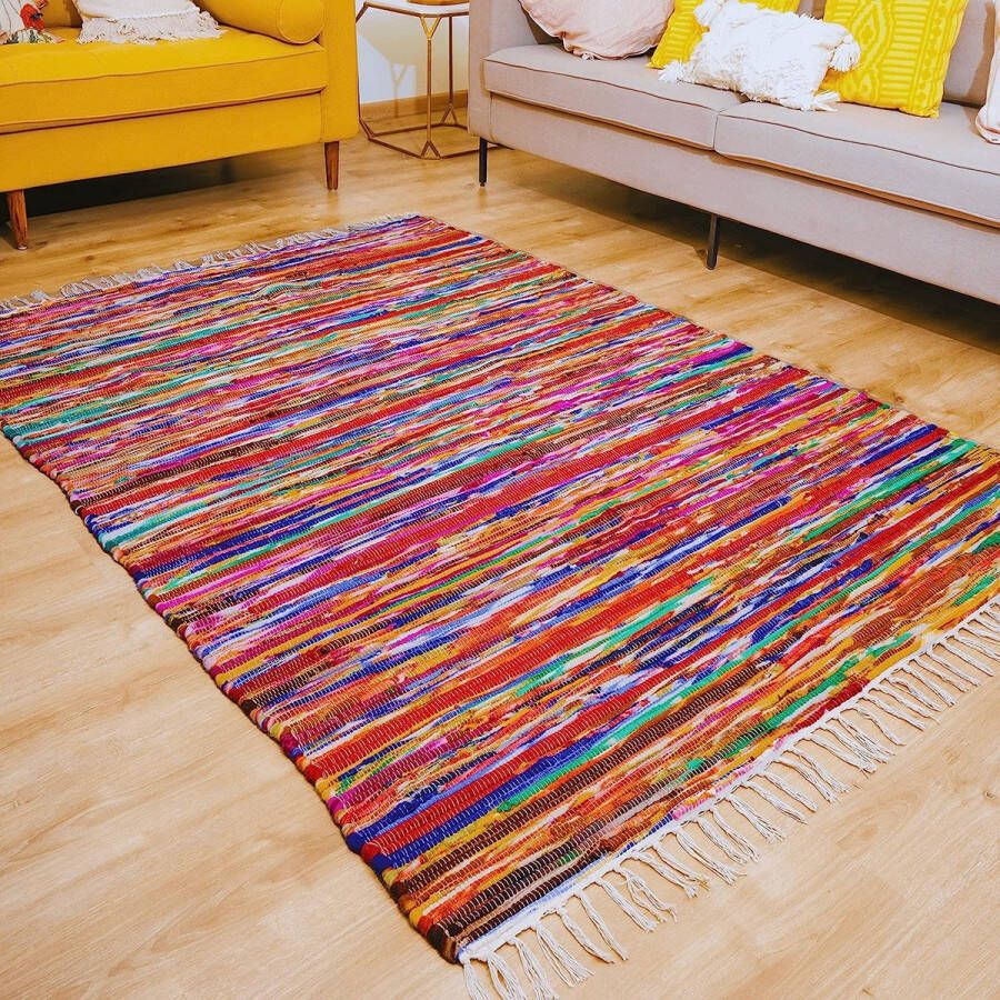 Merkloos large rag rug for living room bedroom big decorative braided boho bohemian handmade hand woven recycled chindi rug multicolor colorful floor rectangle ethnic indian pure cotton area rug carpet tapis coton 5x7 striped tassel