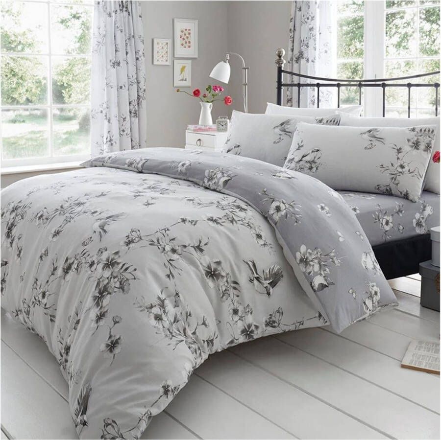 'Merkloos Luxe BIRDIE BLOSSOM Bed Set met Dekbedovertrek en kussensloop Polyester-katoen grijs eenpersoons (135 x 200cm)