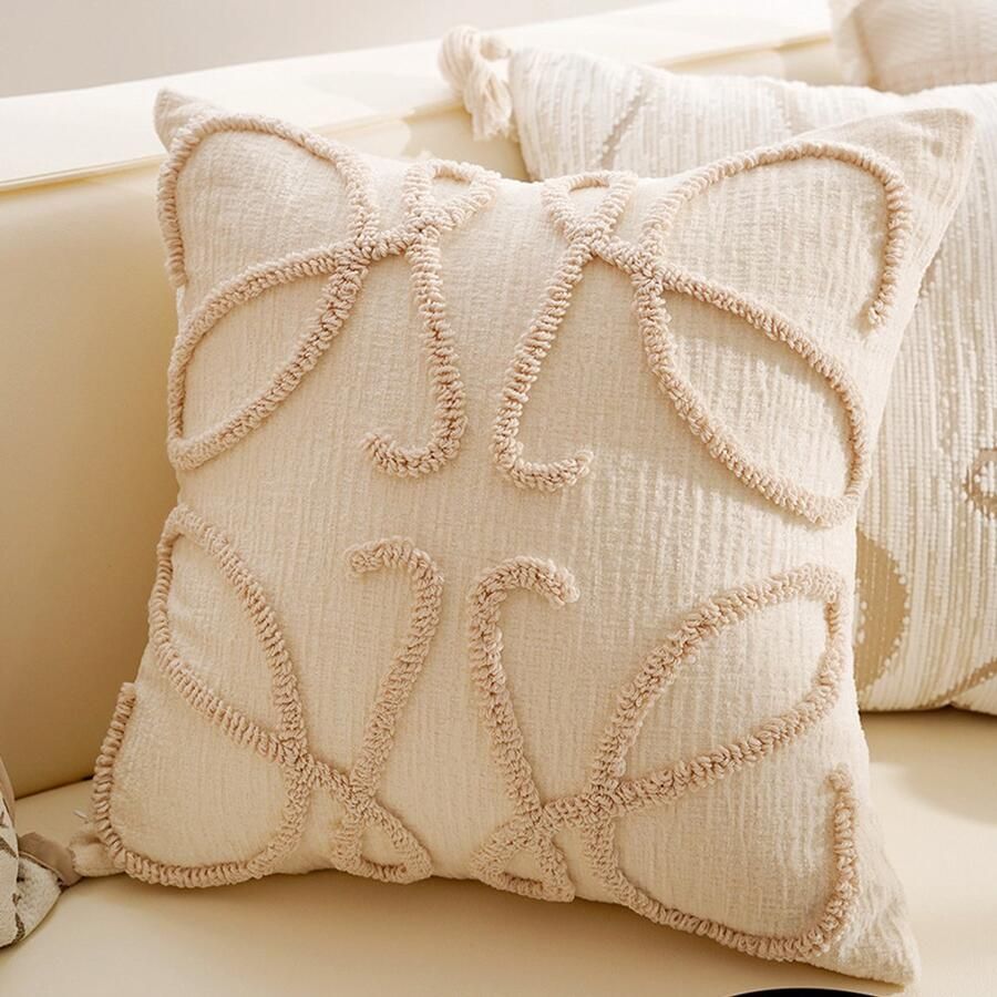 'merkloos'' Luxe gebreide kussensloop met franjes 18x18 inch zachte chenille gestreepte Bohemian kussensloop voor slaapbank hypoallergene polykatoenmix voor slaapkamerdecoratie，1-delige set