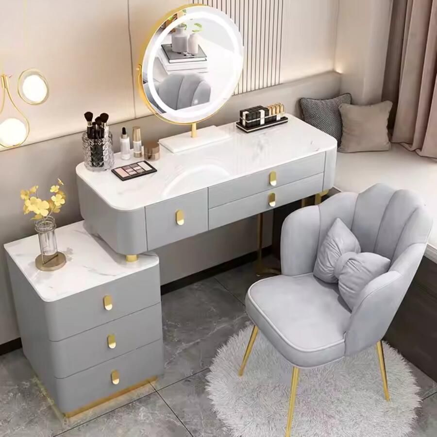 Merkloos Make up tafel-kaptafel-kaptafel met spiegel en verlichting- kaptafel kruk Grijs- Met Led Spiegel-moederdag cadeautje - Foto 2