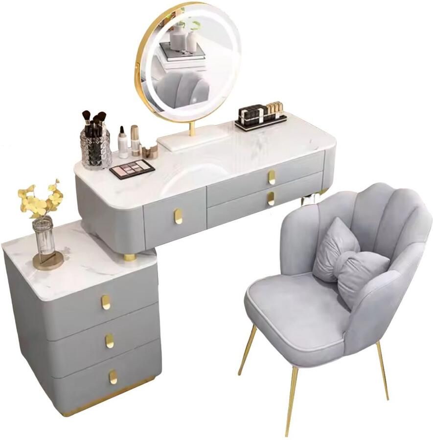 Merkloos Make up tafel-kaptafel-kaptafel met spiegel en verlichting- kaptafel kruk Grijs- Met Led Spiegel-moederdag cadeautje