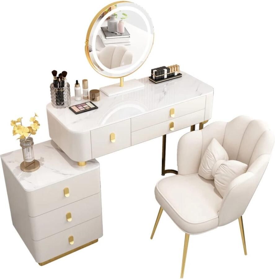 Merkloos Make up tafel-kaptafel-kaptafel met spiegel en verlichting- kaptafel kruk Wit- Met Led Spiegel-moederdag cadeautje