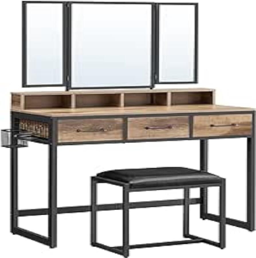 Merkloos Make-uptafel met gestoffeerde kruk kaptafel met drievoudige spiegel 3 laden haardrogerhouder cosmeticatafel industriï¿½le stijl eikenbruin-zwart