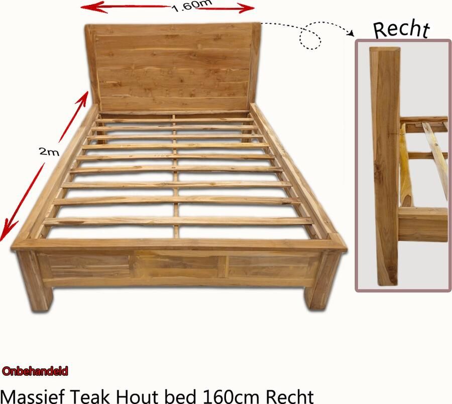 Merkloos Massief Teakhouten bed 160cm Recht Hoofdbord ONBEHANDELD - Foto 2