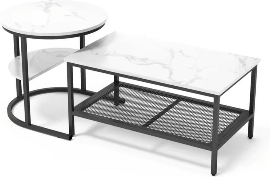 'merkloos'' Mila Shop 2 in 1 Salontafel Bijzettafel Rond&Rechthoekig Metalen frame Robuust Verstelbare pootjes Zwart Wit Marmer look