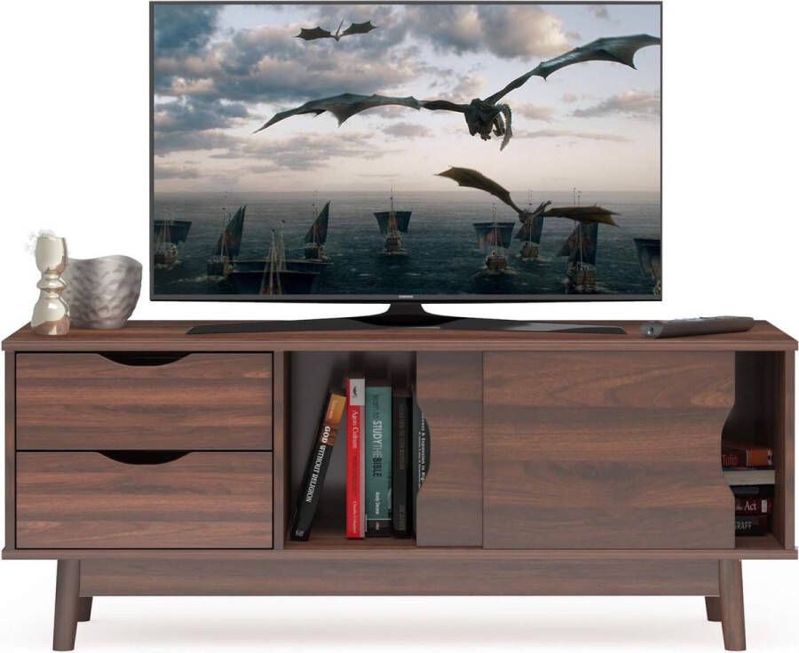 Merkloos modern tv-rek tv-kast voor tv's tot 60 inch tv-lowboard met 2 lades en 2 schuifdeuren en kabeldoorvoergat tv-kast voor woonkamer slaapkamer (walnoot)