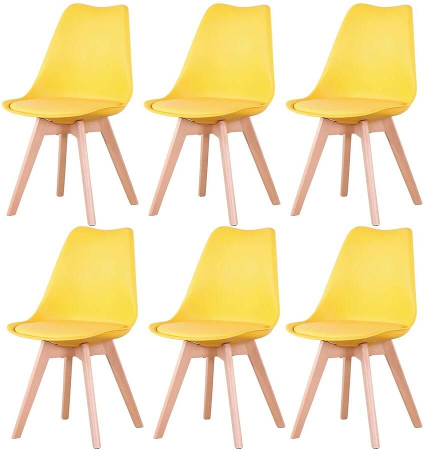 Verkoop Nederland Een Set Van 6 Nordic Middeleeuwse Eetkamerstoelen Pu Gewatteerde Stoel Beukenhouten Poten Bureaustoelen Slaapkamer Balkon Restaurant Geel 120Kg max 82x47 cm