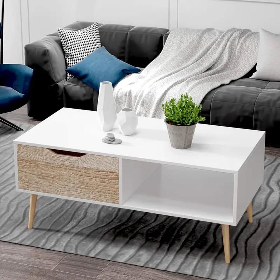 'merkloos'' Multifunctionele Salontafel – 100×49×43 cm – Moderne Houten Tafel met Lade en Open Opbergruimte – Wit Hout