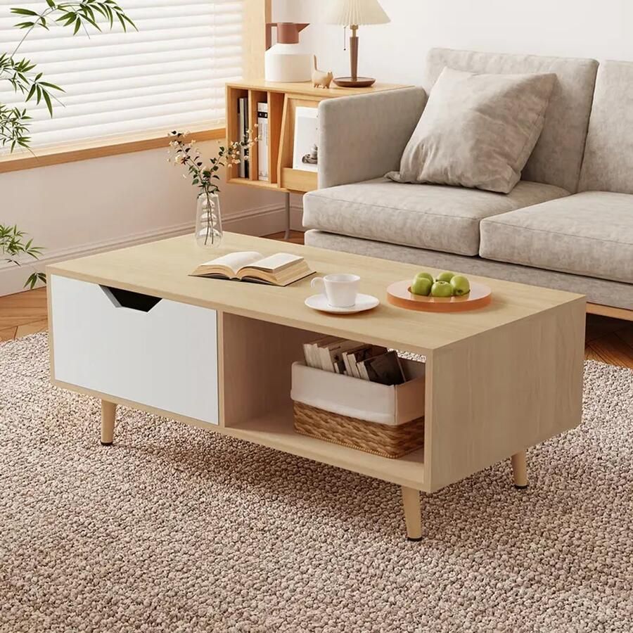 'merkloos'' Multifunctionele Salontafel – 100×49×43 cm – Moderne Houten Tafel met Lade en Open Opbergruimte – Wit Hout