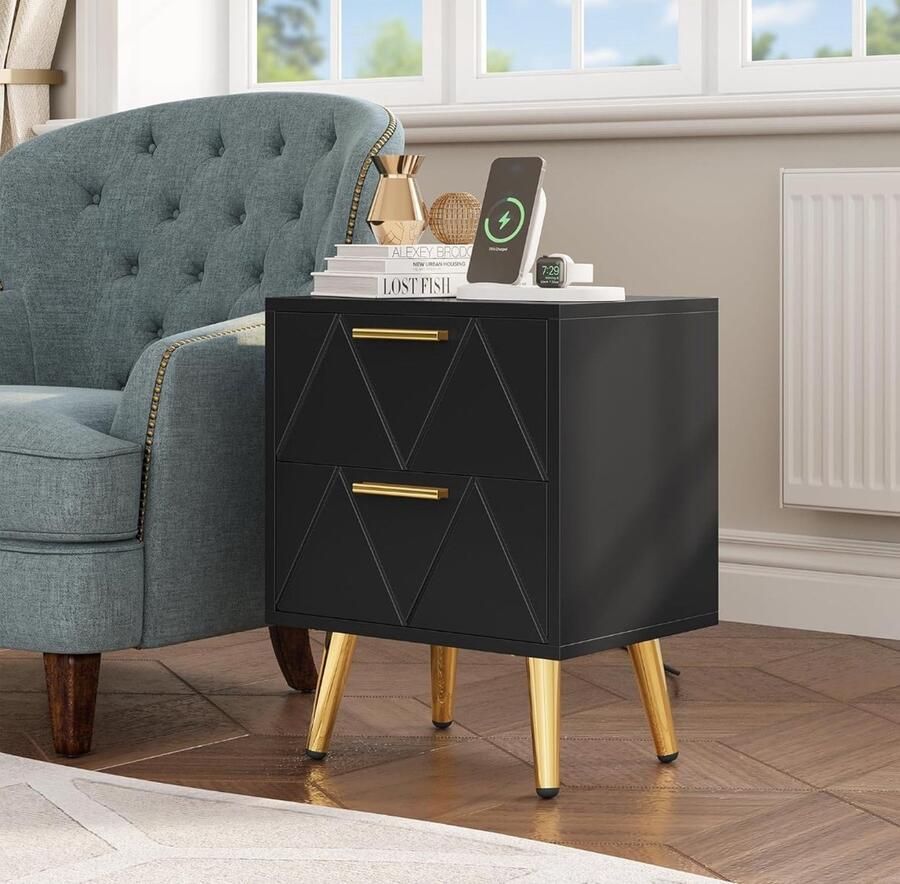 Merkloos Nachtkastje met 2 lades 2 USB-poorten en stopcontacten nachtkastje met gouden metalen poten en handgrepen bijzettafel met opbergruimte voor woonkamer slaapkamer 40 x 30 x 52 cm zwart