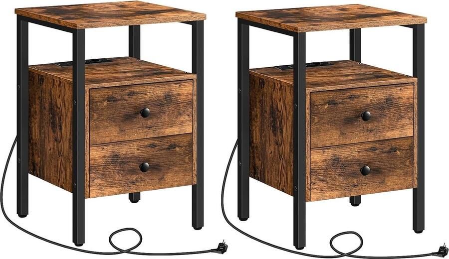 PolkaHome Nachtkastje met Verlengsnoer Incl. 2 Stopcontacten & 2 USB Poorten Nachttafel met Laden en Legplank Set van 2 Bijzettafel Eenvoudig te Monteren - Foto 2