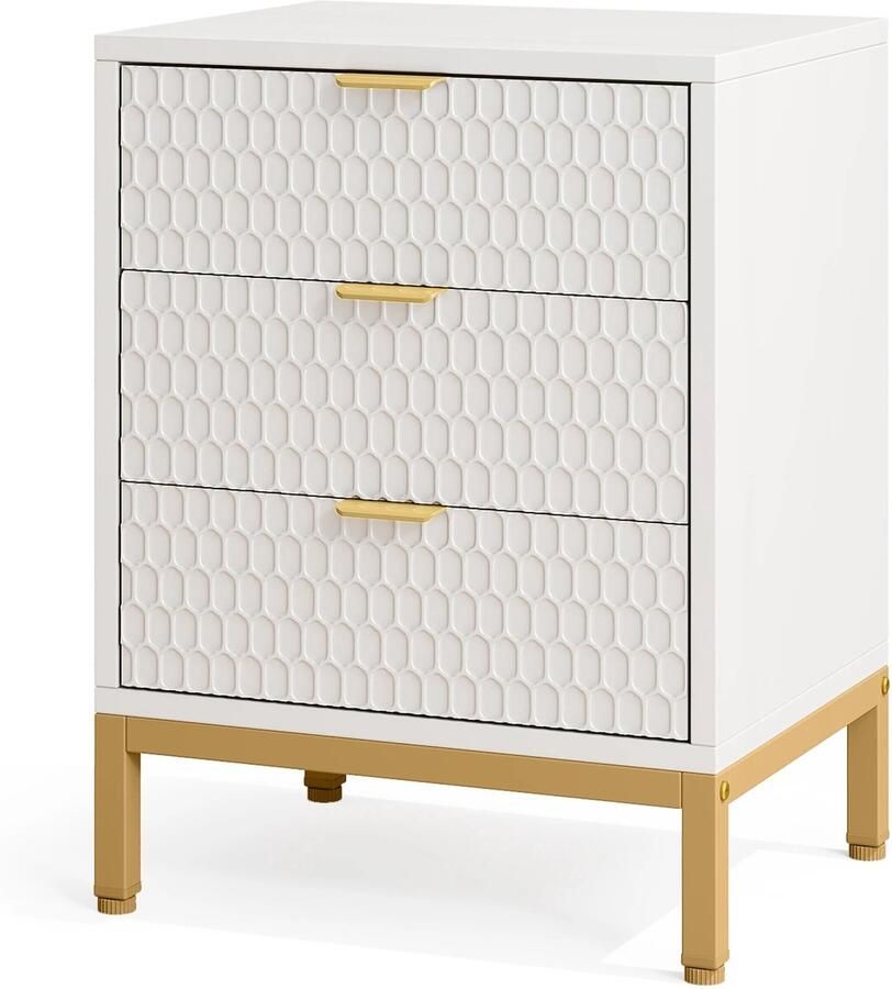 'merkloos'' Nachtkastje Moderne Look Nachtkastjes 3 Lades Bijzettafel Hout Wit Goud Luxe 50x40x65 cm Gouden Handgrepen Honinggraat design