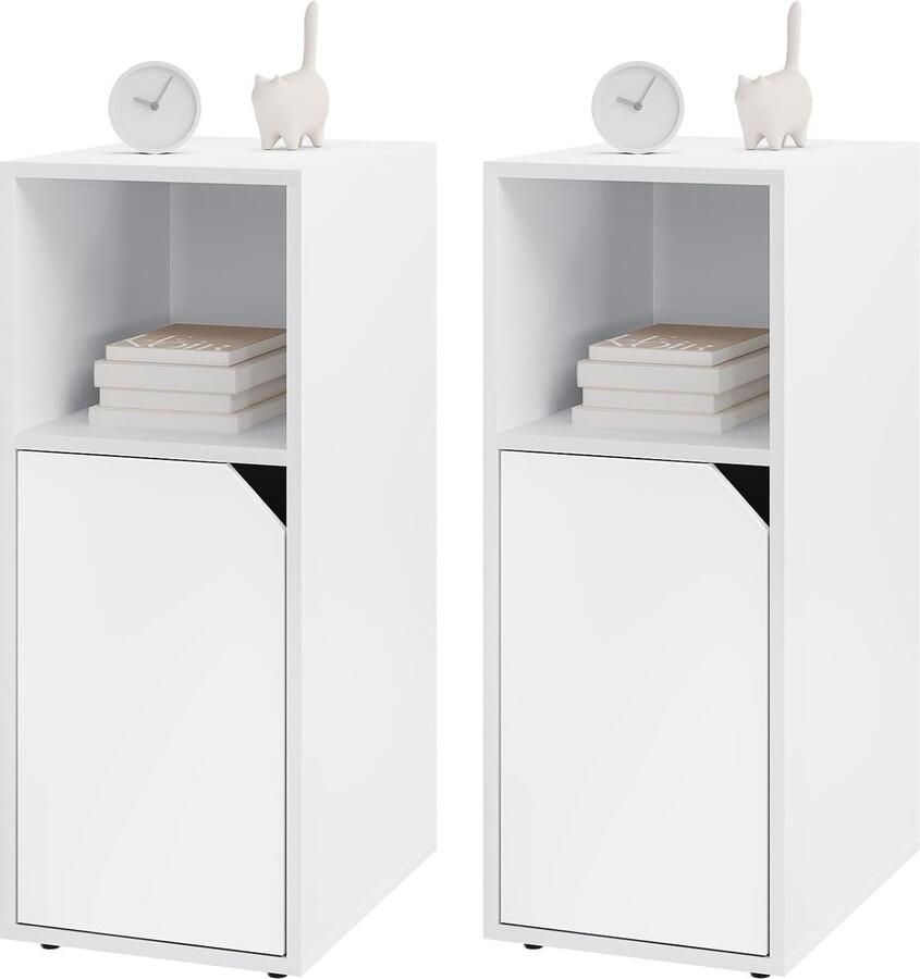 'merkloos'' NTS16ws-2 Set van 2 smal bijzettafel met open vak en deur verstelbare plank 25 x 62 x 35 cm nachtkastje modern voor slaapkamer wit