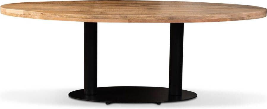 Merkloos Palermo eettafel met mango houten tafelblad naturel afgewerkt met ovale blad van 220 x 110 cm en 2 zwarte ronde poten op een extra stevige ovale grondplaat