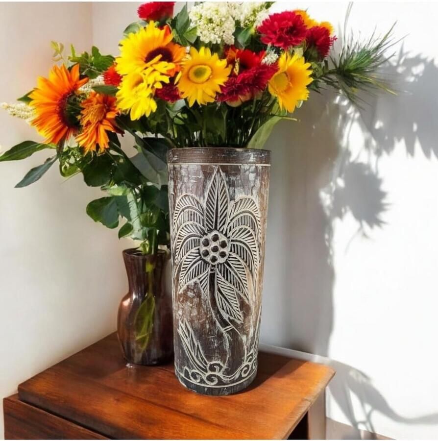 Merkloos Parapluhouder of vaas van hout 50 cm palmdecoratie bruin cerused wit