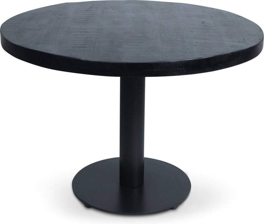 Merkloos Parel eettafel met mango houten rond tafelblad zwart afgewerkt met een doorsnede van 110 cm. en 1 zwarte ronde poot op een extra stevige ronde grondplaat