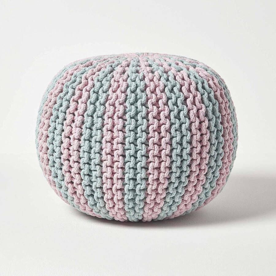 merkloos Poef blauw-roze gestreepte gebreide poef rond vloerkussen 35 x 40 cm decoratieve voetenbank met grof gebreide overtrek van 100% katoen gebreide puff gebreide kruk