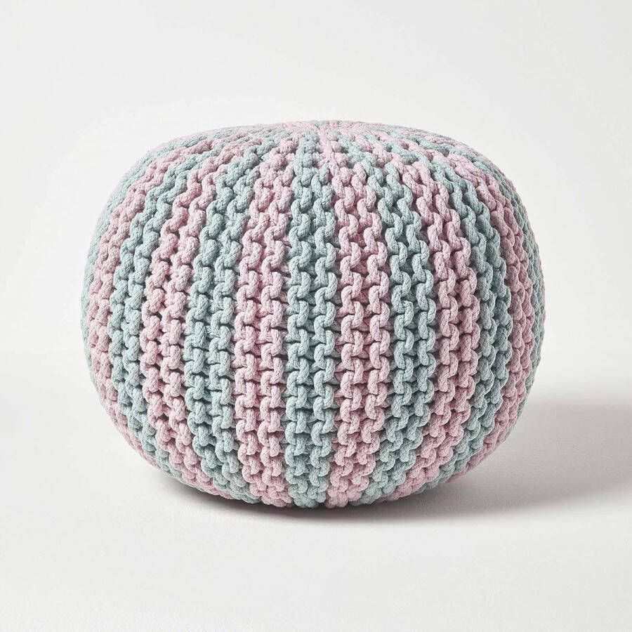Merkloos Poef blauw-roze gestreepte gebreide poef rond vloerkussen 35 x 40 cm decoratieve voetenbank met grof gebreide overtrek van 100% katoen gebreide puff gebreide kruk - Foto 2