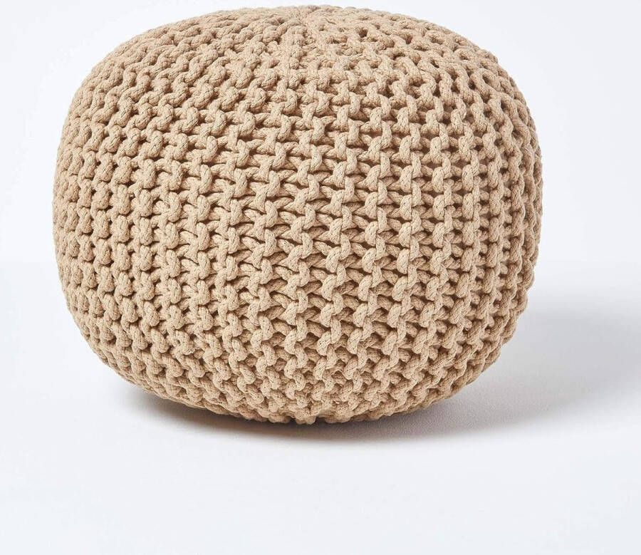 Merkloos Poef gebreide poef rond vloerkussen zitkussen 35 x 40 cm gevoerde zitkruk zitpoef met grof gebreide overtrek van 100% katoen gebreide poef beige crèmewit - Foto 2
