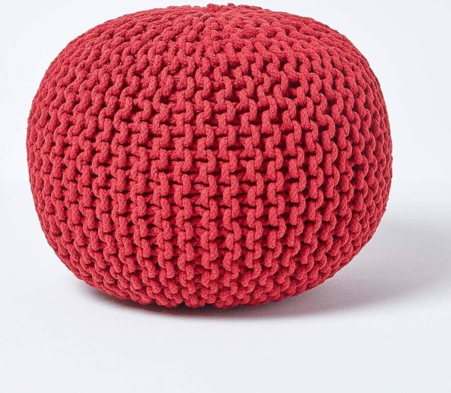Merkloos Poef gebreide poef rond vloerkussen zitpoef 35 x 40 cm gevoerde zitkruk zitpoef met grof gebreide overtrek van 100% katoen gebreide poef rood - Foto 2