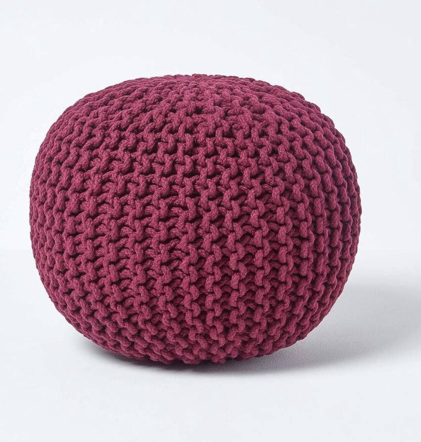 Merkloos Poef gebreide poef rond vloerkussen zitpoef 35 x 40 cm gewatteerde poef met grof gebreide overtrek van 100% katoen gebreide poef lila pruim - Foto 2
