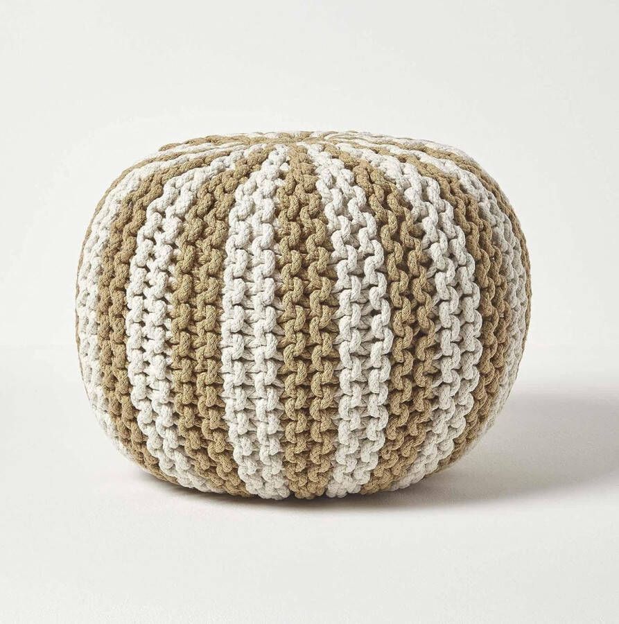 Merkloos Poef linnen wit gestreepte gebreide poef rond vloerkussen 35 x 40 cm decoratieve voetenbank met grof gebreide overtrek van 100% katoen gebreide poef gebreide kruk - Foto 2