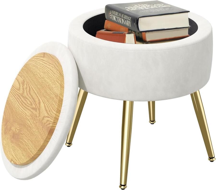 Merkloos Poef met opbergruimte ronde poef make-up poef ottomaanse poef ronde gewatteerde poef verwijderbare hoes metalen ondersteuning beige