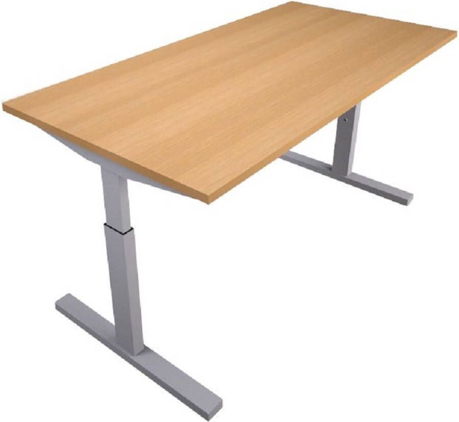 Merkloos “PrimaVera” ergonomisch bureau met de afmeting van 180 x 80 cm. Frame aluminium werkblad Lindberg-eiken. In hoogte te verstellen van 62 – 86 cm