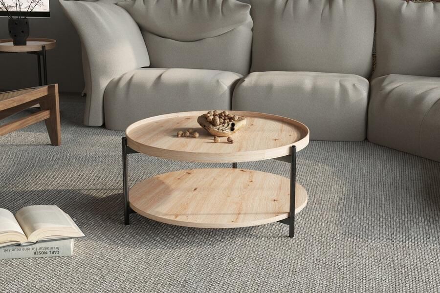 Rousseau salontafel dalina- 80cm- rond- 2 platvormen onder en boven- decor oude eik