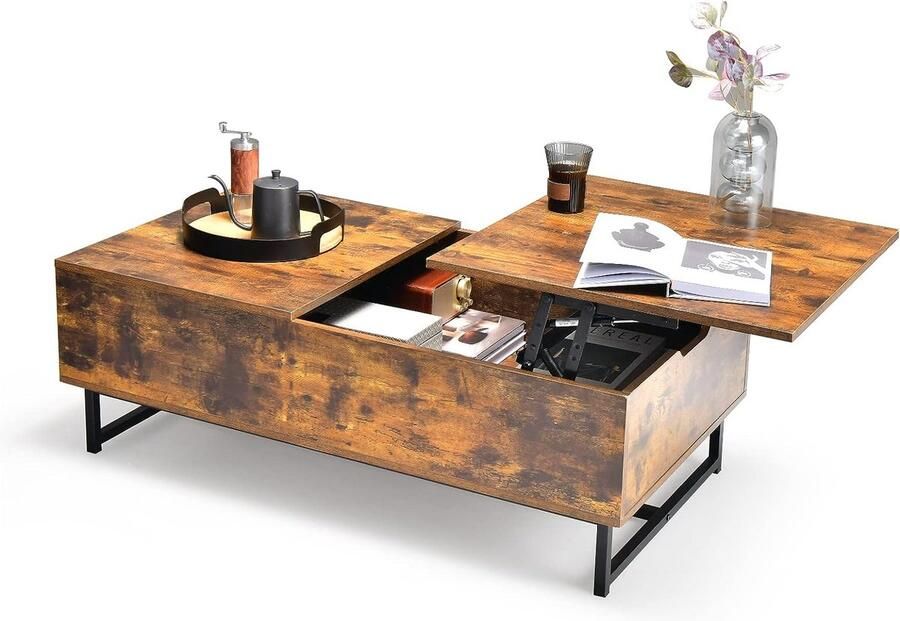 Merkloos salontafel in hoogte verstelbaar 2 niveaus bijzettafel met metalen frame houten salontafel voor woonkamer en kantoor 110 x 60 x 38 cm (vintage)