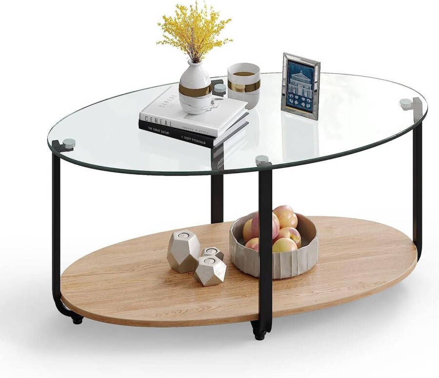 Merkloos Salontafel met 2 niveaus glazen tafel met metalen frame woonkamertafel ovaal 95 x 50 x 44 cm modern