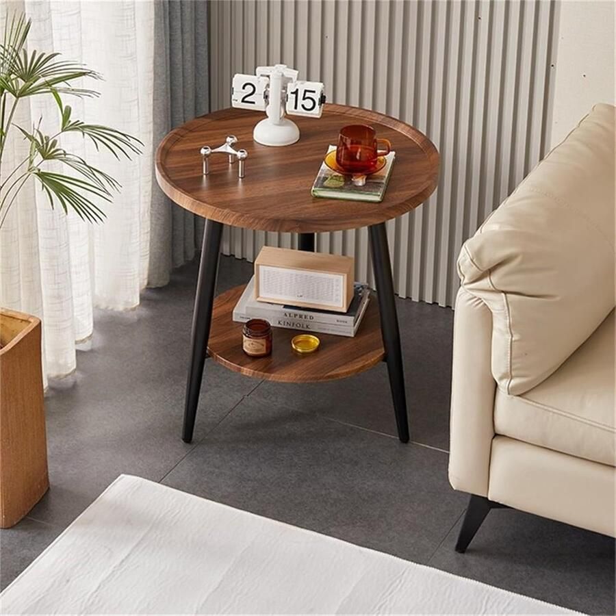 Merk'loos Salontafel Rond 2 Niveaus Bijzettafel Hout 48 x 40 cm met Opbergruimte voor Woonkamer