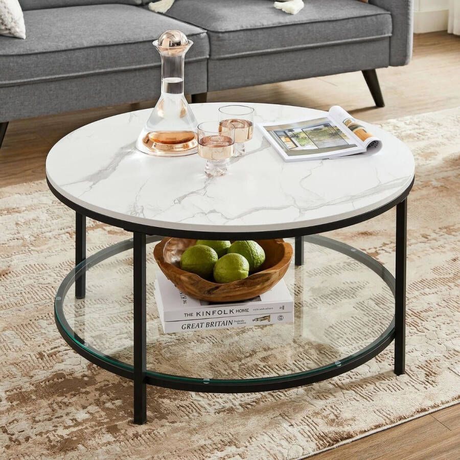Merkloos Salontafel woonkamertafel banktafel voor woonkamer met glasplaat veel opbergruimte eenvoudige montage moderne stijl witte marmerlook Zwart frame 80 x 44.5 cm