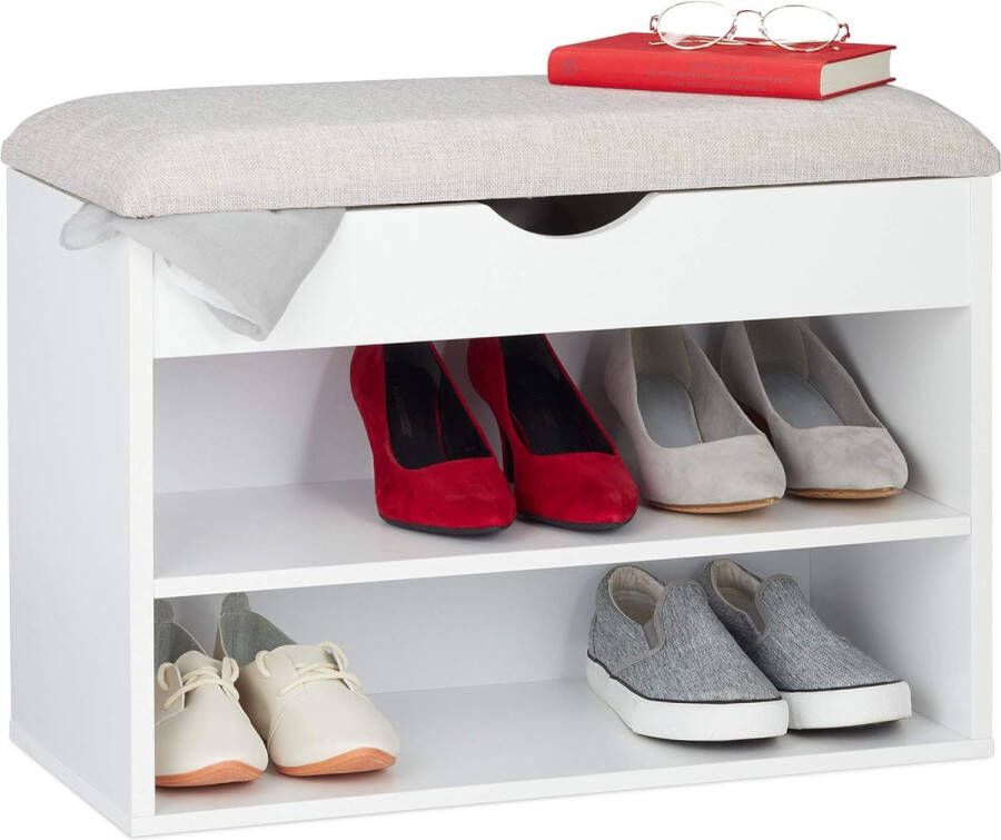 Merkloos Schoenenbank gewatteerde garderobebank 3 vakken openklapbaar schoenenrek met zitvlak 45 x 62 x 30 cm wit hout 1 stuk