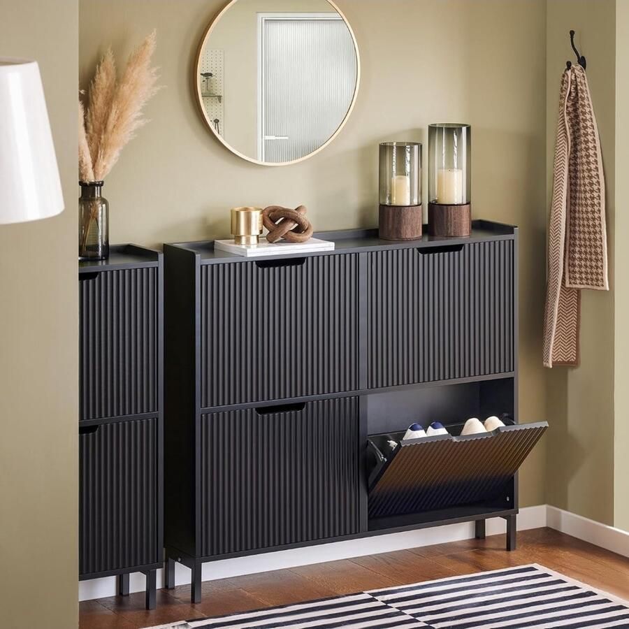 'merkloos'' Schoenenkast met 4 Kleppen Smal schoenenrek met 8 legplanken Schoenencommode Zwart 100x91x19cm