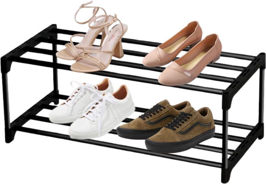 Merkloos Schoenenrek 2-laags klein schoenenrek geschikt voor 6 paar schoenen schoenenplank opbergsysteem roestwerende coating geschikt voor slaapzaal huurhuis balkon stapelbaar schoenenrek (2 lagen)