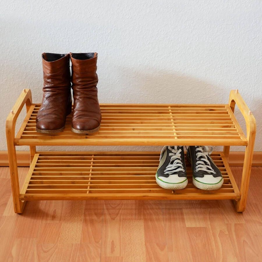 Merkloos schoenenrek bamboe h x b x d: ca. 33 x 75 x 33 cm houten schoenenrek voor 6 paar schoenen stapelbaar met 2 planken als schoenenkast en zitbank individueel uitbreidbaar naturel