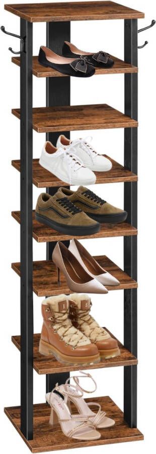 Merkloos Schoenenrek met 8 niveaus smal schoenenrek schoenenkast met 2 haken opbergplanken schoen organisator ruimtebesparend voor entree hal slaapkamer vintage bruin-zwart