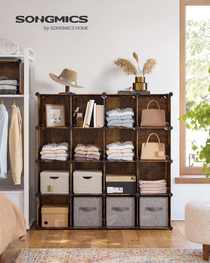 Merkloos schoenenrek modulair rek met 16 kubussen kledingkast huisdierhek slaapkamer cabine ingangskast 31 x 123 x 123 cm vintage bruin - Foto 2