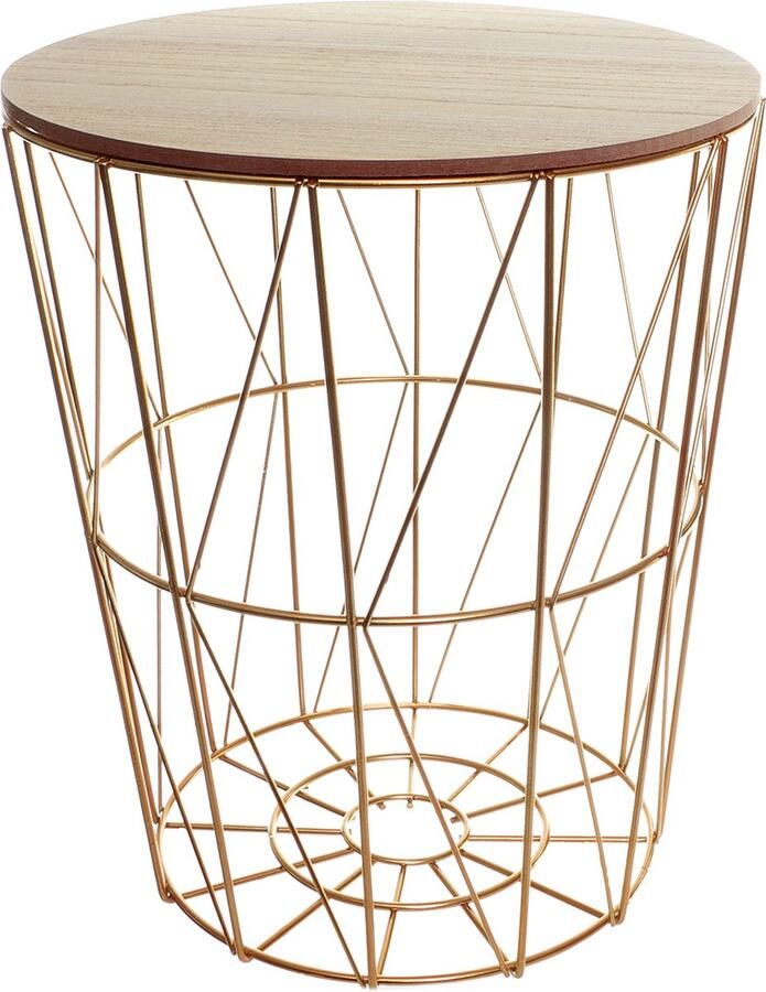 'merkloos' Set 3 bijzettafels opberger RVS goud + houten blad