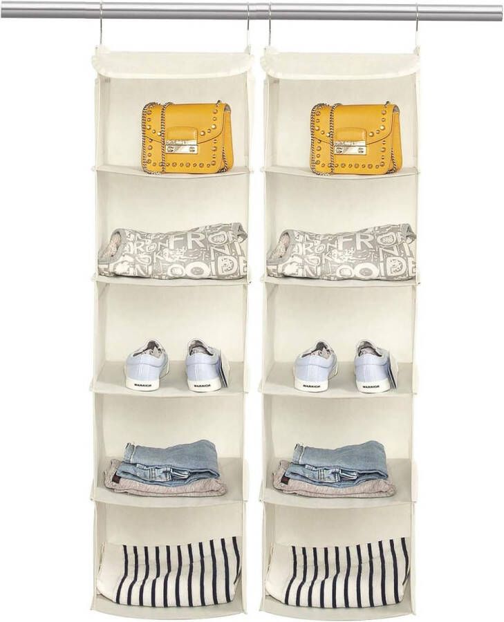 Merkloos Set van 2 hangplanken kledingkastorganizer hangplank stof 5 vakken hoogwaardige hangopberger met ijzeren frame hangplankorganizer opbergsysteem 30 x 30 x 108 cm beige