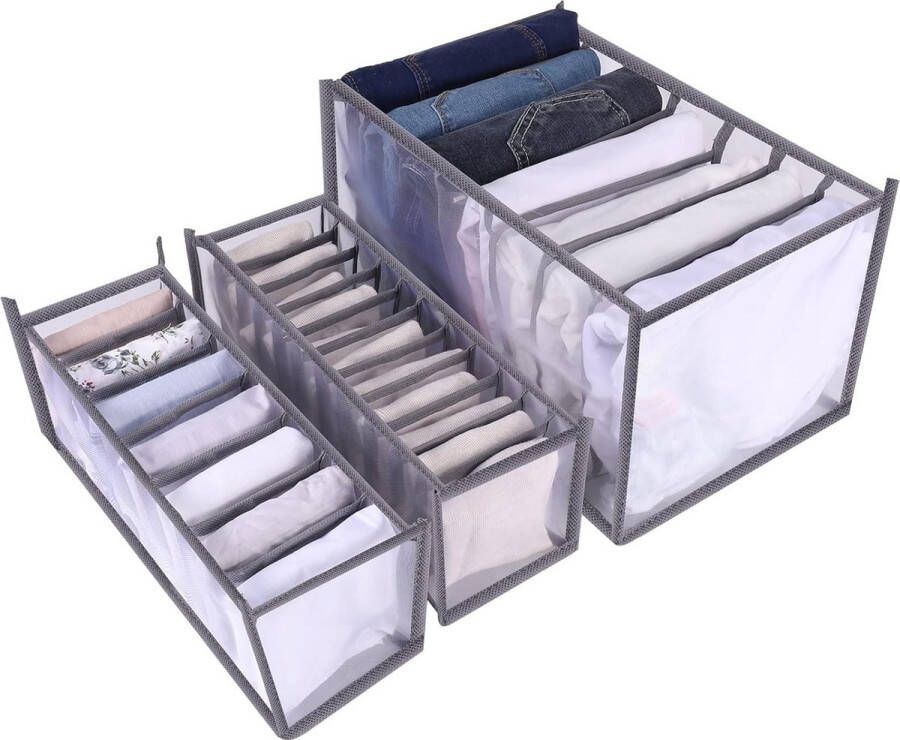 Merkloos Set van 3 organisatoren voor laden organisatorkast voor broeken scheidingsorganizer voor slipjes sokken ladeorganizer (7+11 rasters grijs)