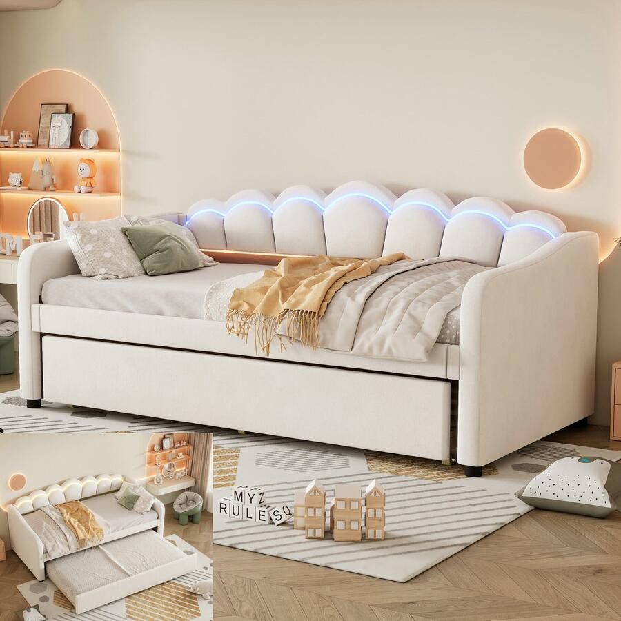 Merkloos Slaapbanken 90x200 cm (Binnenafmetingen uitschuifbed: 90 x 190 cm) met uitschuifbaar bed slaapbank eenpersoonsbed fluweel kleurveranderende sfeerverlichting afstandsbediening minimalistische stijl beige(Zonder matras)