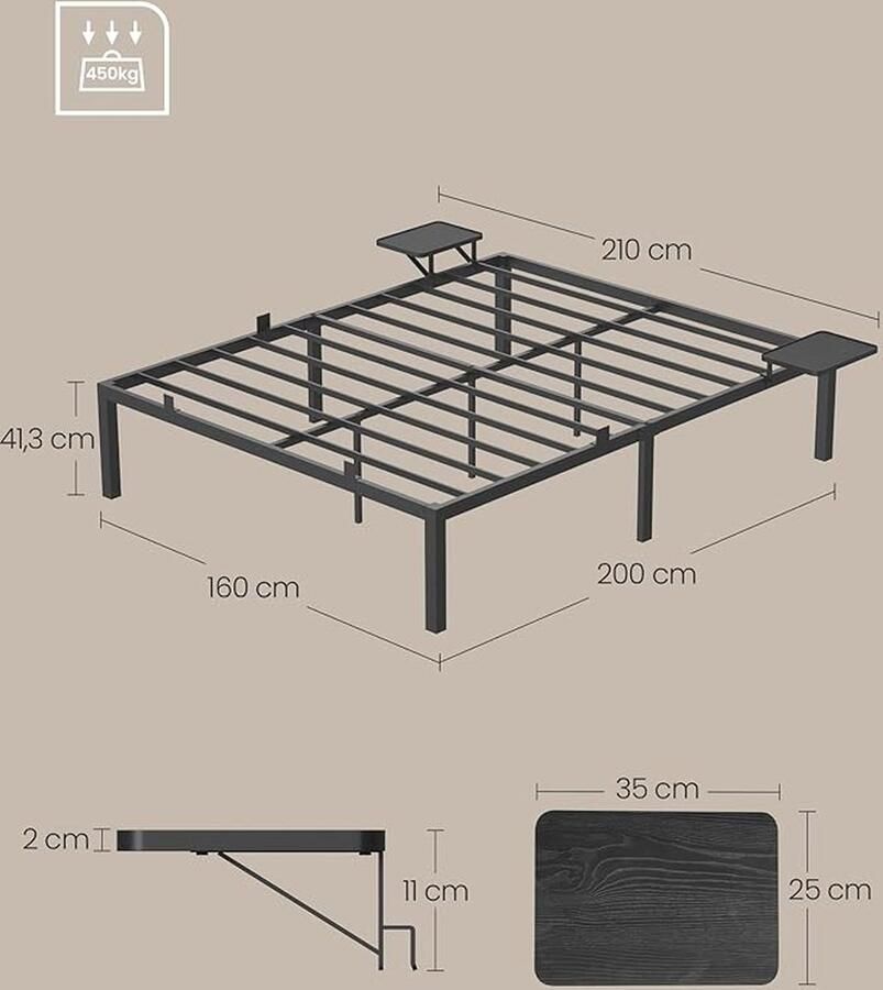 Merkloos Songmics tweepersoonsbedframe bedframe metalen lattenbodem met opbergplanken logeerbed voor matrassen van 190 x 140 cm eenvoudige montage klassiek zwart